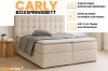Carly boxspringbed in beige met infographic over bedbakken, kleurkeuze en inclusief koudschuim-topper.