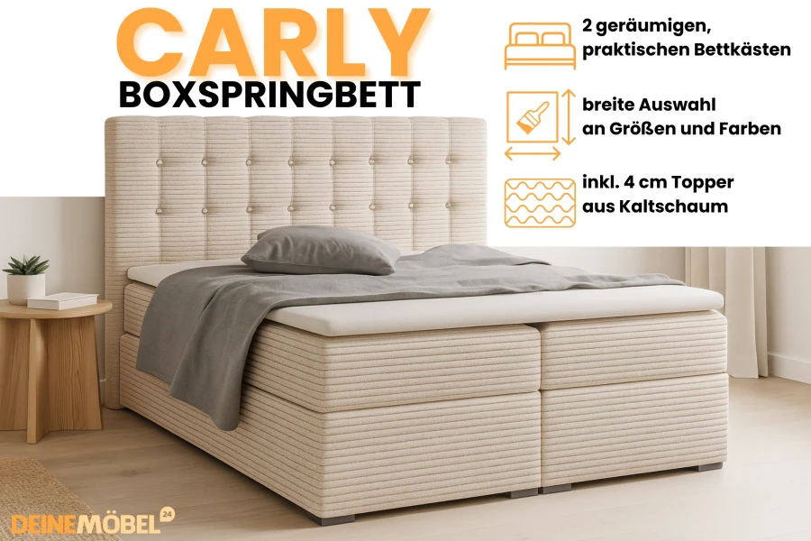 Productoverzicht boxspringbed Carly with highlights zoals beddenbak, kleurkeuze en koudschuim-topper.