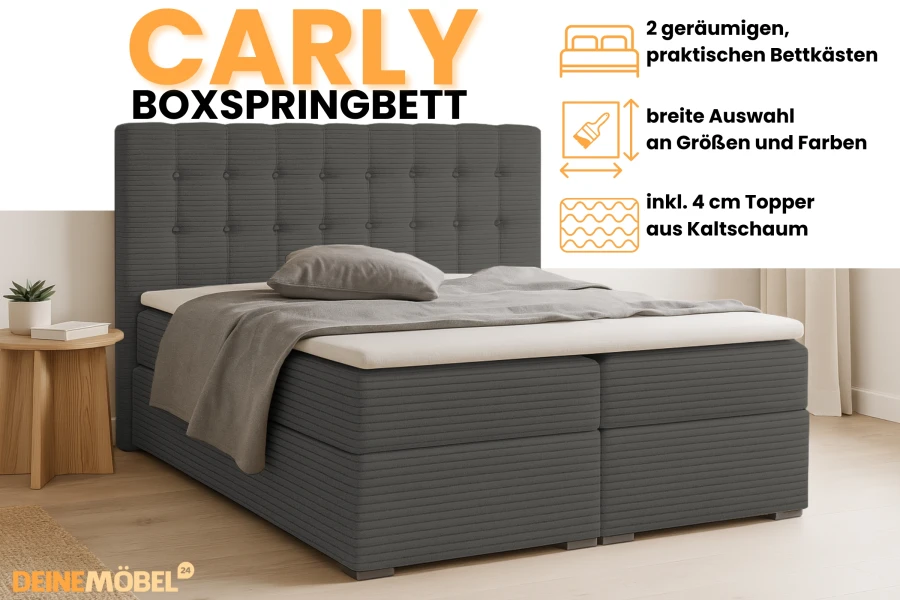 Infographic Carly boxspring bed in anthracite: 2 storage boxes, incl. topper, various colours and sizes.