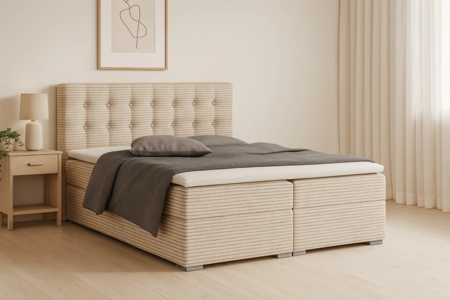 Stilvolles Boxspringbett Carly in hellem Beige mit Nachttisch und moderner Wanddekoration.