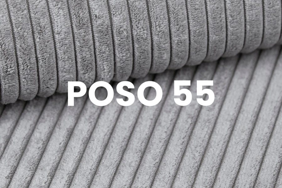 Nahaufnahme von grauem Cordstoff POSO 55 für Polstermöbel.