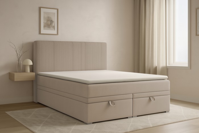 Beige Daga boxspringbed in een lichte, modern ingerichte slaapkamer