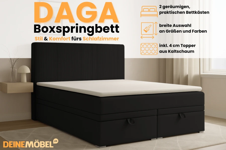 DAGA Boxspringbett Highlights: Geräumige Bettkästen und inklusive 4 cm Kaltschaum-Topper.