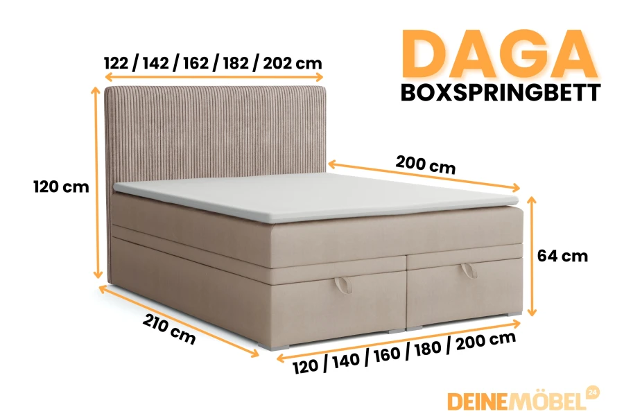 Beige boxspringbed DAGA met afmetingen en modern corduroy hoofdbord.