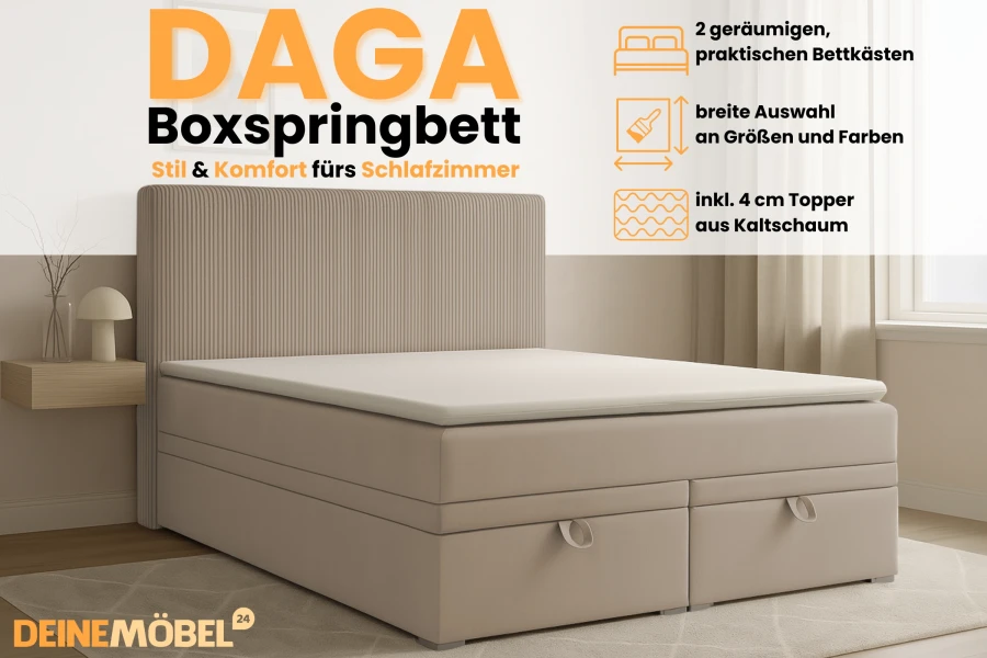 Modern DAGA box spring bed in beige with practical bed storage boxes.
