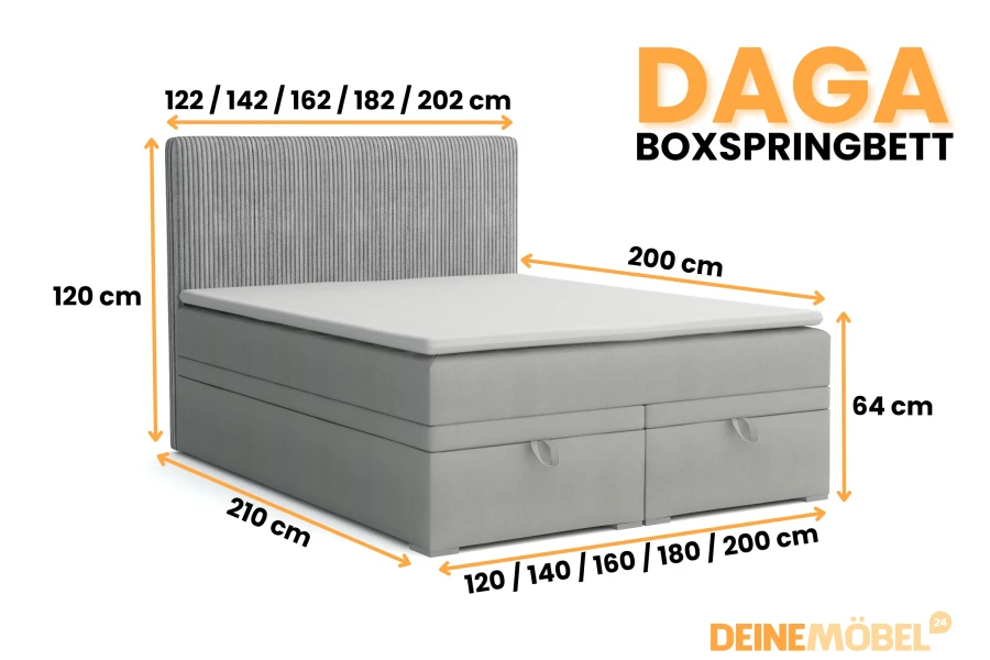 Afmetingen voor boxspringbed Daga: Overzicht van breedtes, hoogtes en lengtes voor de planning.