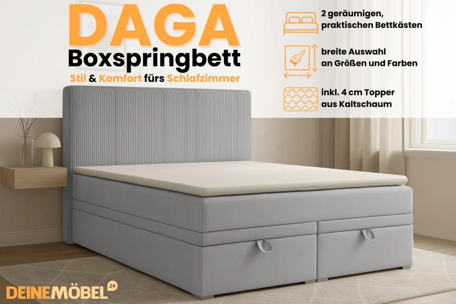Infographic over het DAGA boxspringbed met highlights zoals 4 cm koudschuimtopper en bedbakken.
