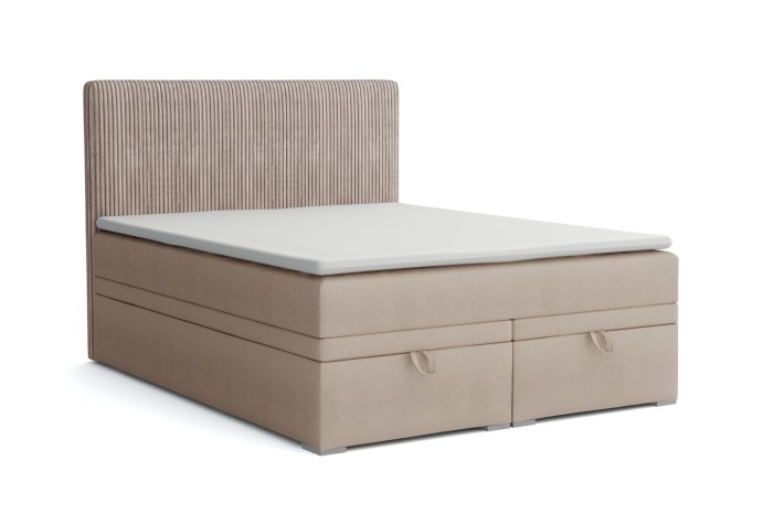 Modern beige boxspringbed met geribbeld hoofdbord en twee praktische opbergruimtes op een witte achtergrond.