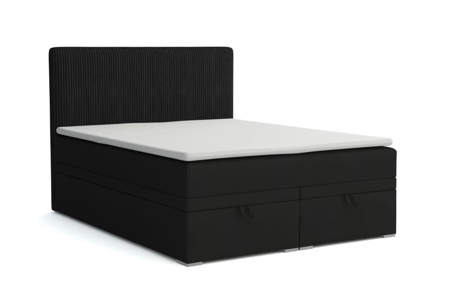 Modern boxspringbed Daga in zwart met geïntegreerde opbergboxen op een witte achtergrond.