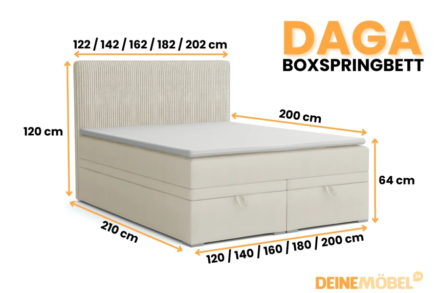Detaillierte Maße und Größenübersicht für das DAGA Boxspringbett.