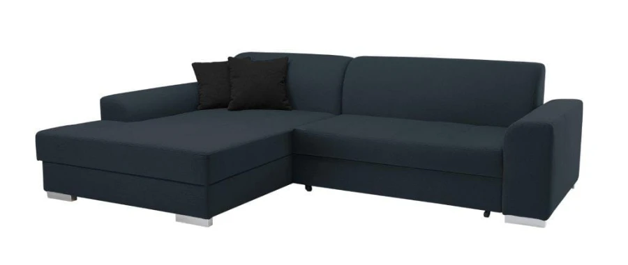 Dunkelblaues Ecksofa in L-Form auf weißem Hintergrund