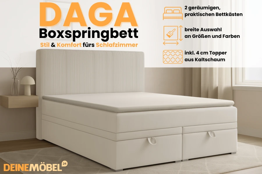 DAGA Boxspringbett in Beige mit Features wie 4cm Kaltschaum-Topper und geräumigen Bettkästen.