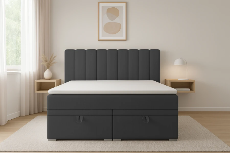 Modernes Boxspringbett in Anthrazit mit Bettkasten, Frontansicht.