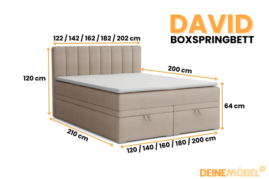 Abmessungen Boxspringbett David: Übersicht der verfügbaren Größen und Betthöhen.