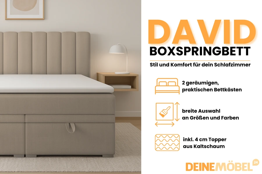 Infografik zum David Boxspringbett mit Highlights: Bettkästen, Farbauswahl und inkludierter Kaltschaum-Topper.
