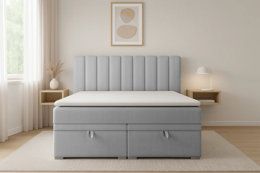 Modernes Boxspringbett David in Hellgrau mit gepolstertem Kopfteil im Schlafzimmer