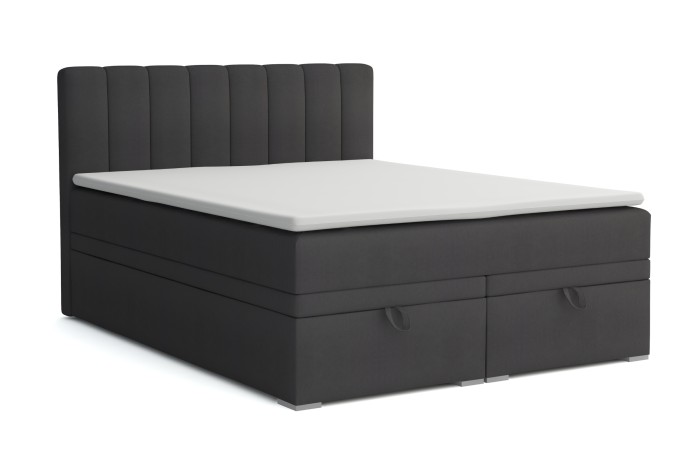 Modernes Boxspringbett David in Anthrazit mit zwei Bettkästen und weißem Topper.