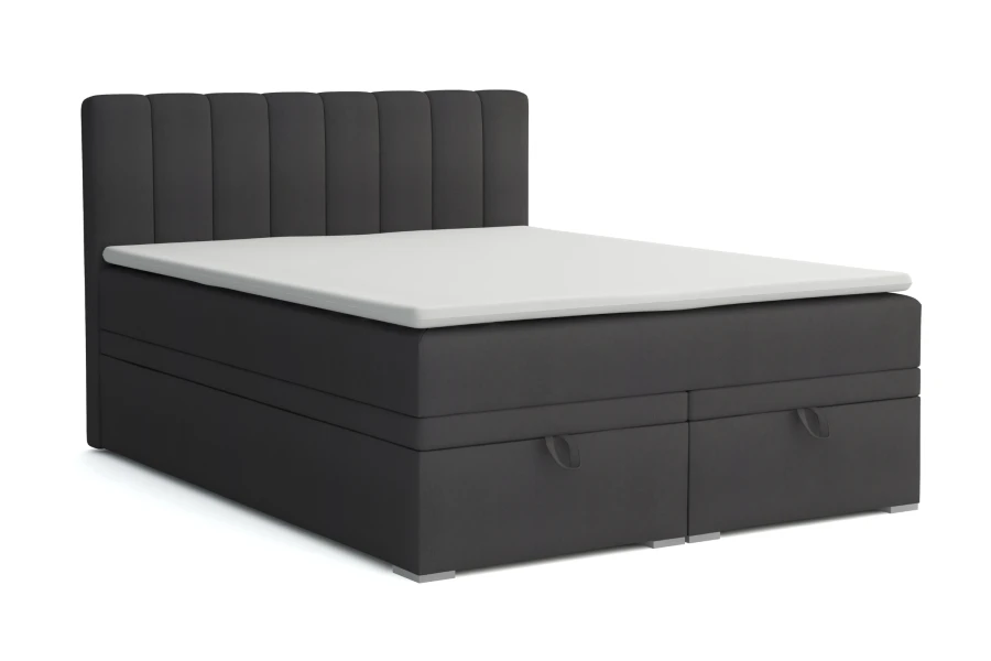 Modern boxspringbed David in Antraciet met twee opbergboxen en witte topper.
