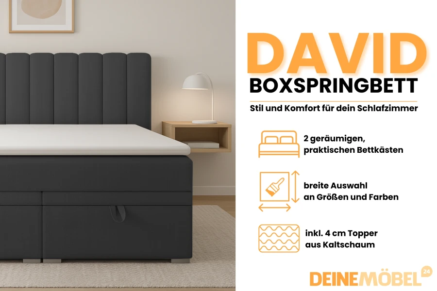 Productdetails van het boxspringbed David: 2 opbergboxen, kleurkeuze en incl. koudschuim topper.