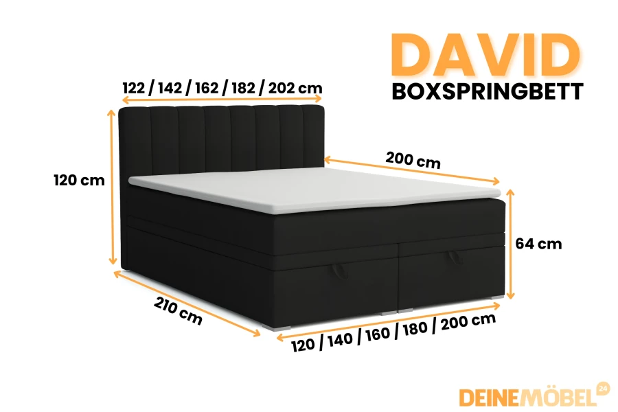 Productmaten en afmetingen van het David boxspringbed in zwart.