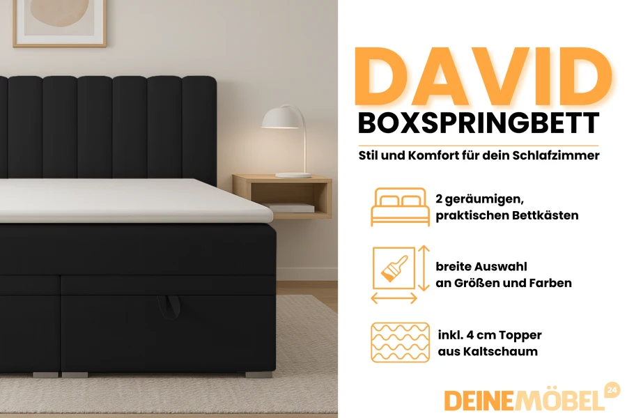 Productdetails boxspringbed David: 2 bedbakken, kleurkeuze en 4 cm koudschuimtopper.