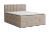 Beige boxspringbed David met gecapitonneerd hoofdbord en twee geïntegreerde bedbakken op een witte achtergrond.