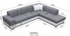 Abmessungen für graues Ecksofa 285x220 cm mit weißem Korpus und Liegefläche.