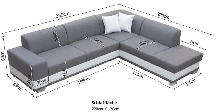 Abmessungen für graues Ecksofa 285x220 cm mit weißem Korpus und Liegefläche.