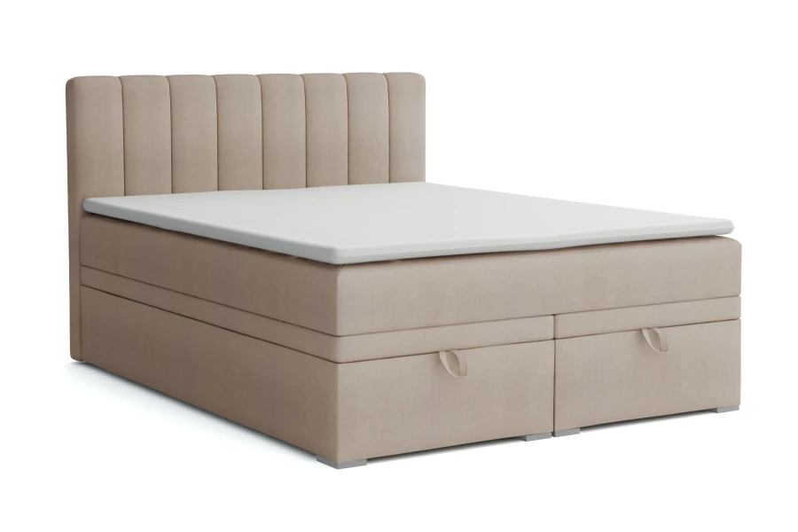 Beige boxspringbed David met twee opbergruimtes en gestreept hoofdbord, vrijstaand op wit.