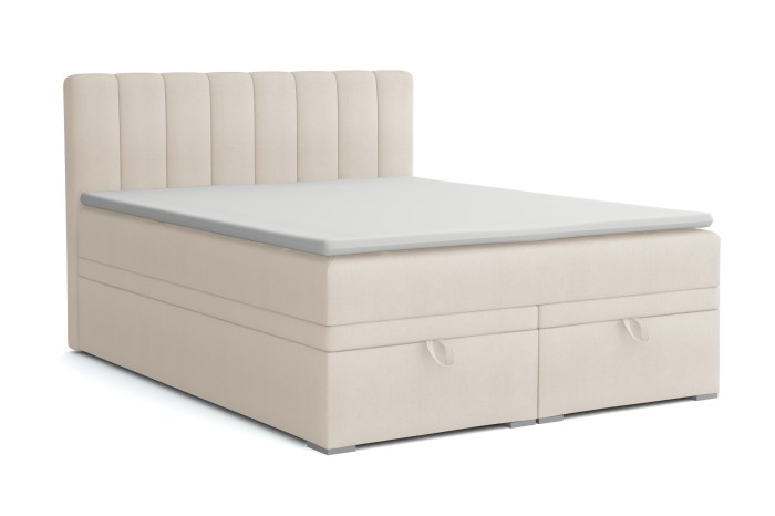 Modernes Boxspringbett in Beige mit gestepptem Kopfteil und integriertem Stauraum auf weißem Grund.