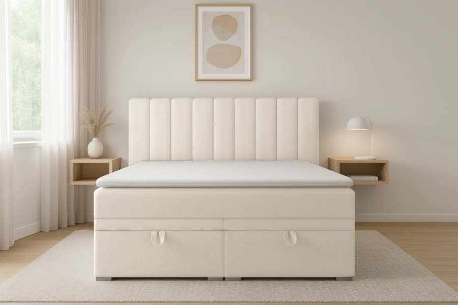 Frontansicht eines eleganten Boxspringbetts in Creme in einem hell eingerichteten Schlafzimmer.