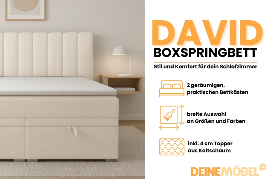 Boxspringbett David mit Bettkasten und Topper – Komfort und Stil fürs Schlafzimmer.