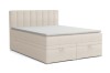 Beiges Boxspringbett David mit gestreiftem Kopfteil und zwei praktischen Bettkästen.
