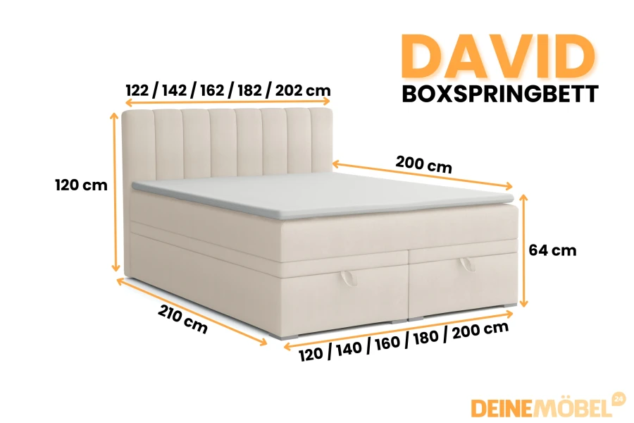 David Boxspringbett Maße und Abmessungen von 120x200 bis 200x200 cm.