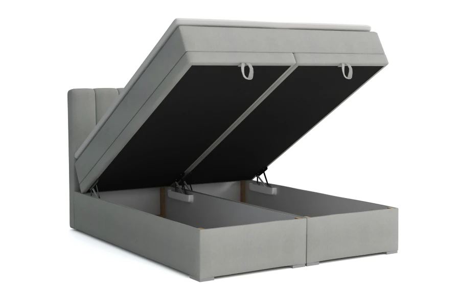 Geöffnete Bettkästen des Boxspringbetts David zeigen Stauraum-Funktion