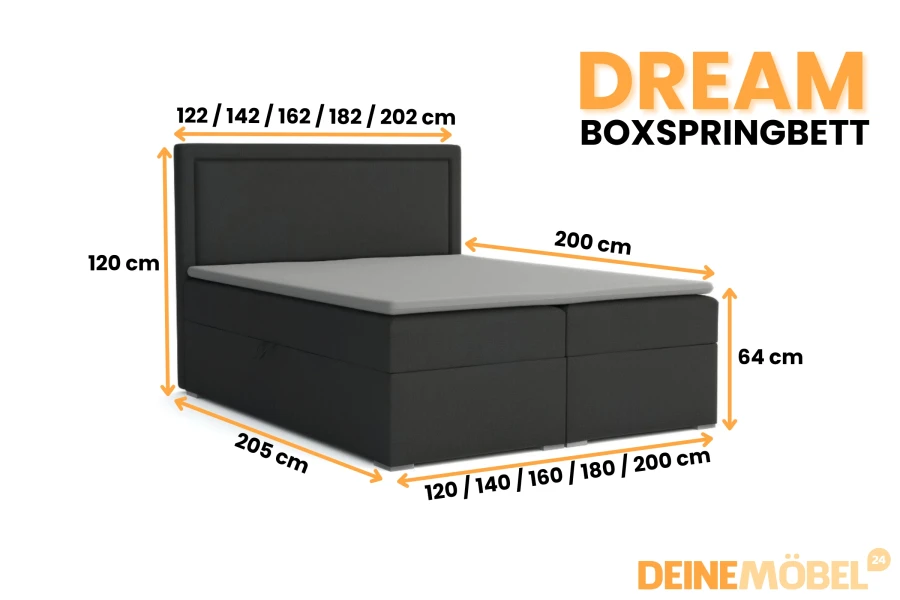 Abmessungen und Maße des Boxspringbetts Dream für verschiedene Bettgrößen.