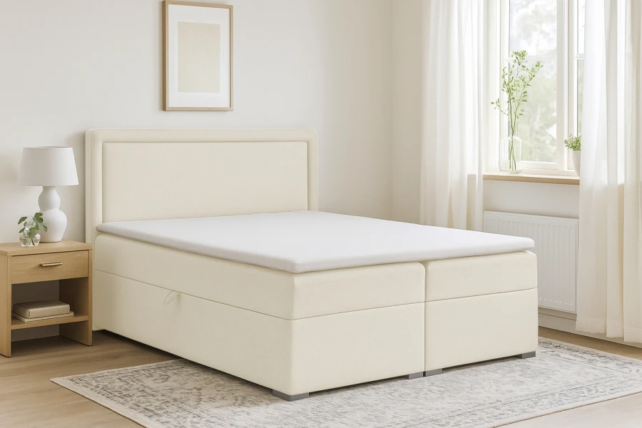 Beiges Boxspringbett in einem freundlich gestalteten Schlafzimmer-Ambiente.