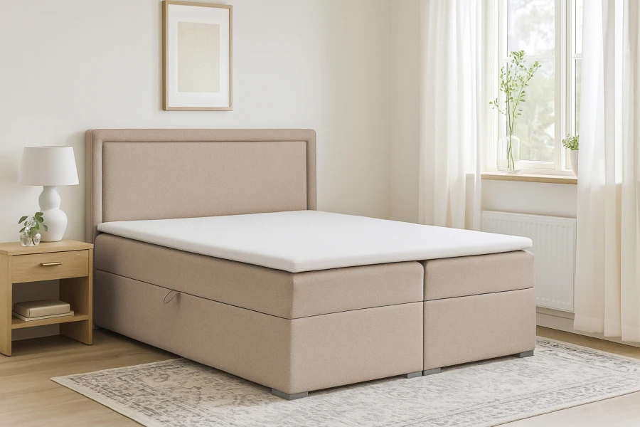Beiges Boxspringbett im hellen Schlafzimmer mit stilvoller Dekoration und Teppich.