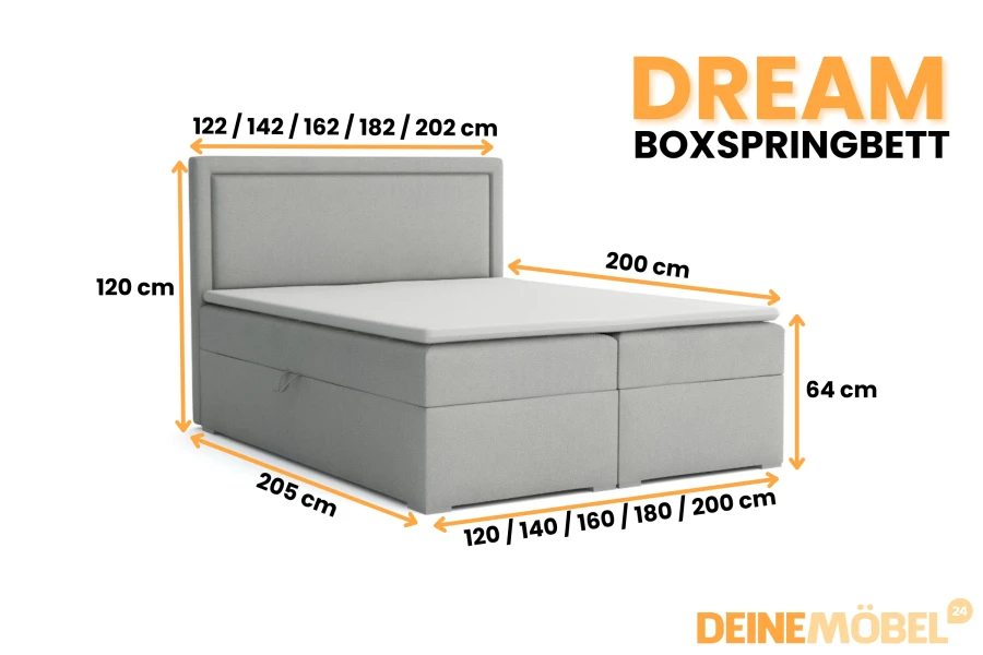 Abmessungen des Dream Boxspringbetts: Übersicht der verfügbaren Breiten und Höhen.