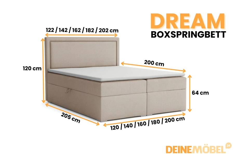 Boxspringbett Dream Maße: Beige Polsterbett mit Abmessungen für verschiedene Breiten von DeinMöbel24.