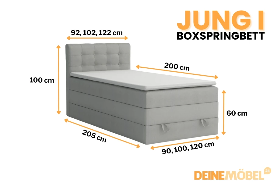 Maße und Details zum Jung I Boxspringbett in Grau für das Jugendzimmer.