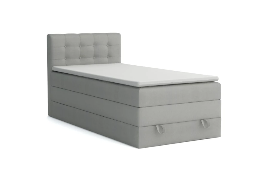 Einzelansicht des grauen Jung I Boxspringbetts mit gepolstertem Kopfteil.