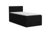 Schwarzes Boxspringbett mit gestepptem Kopfteil und integriertem Bettkasten auf weißem Hintergrund.
