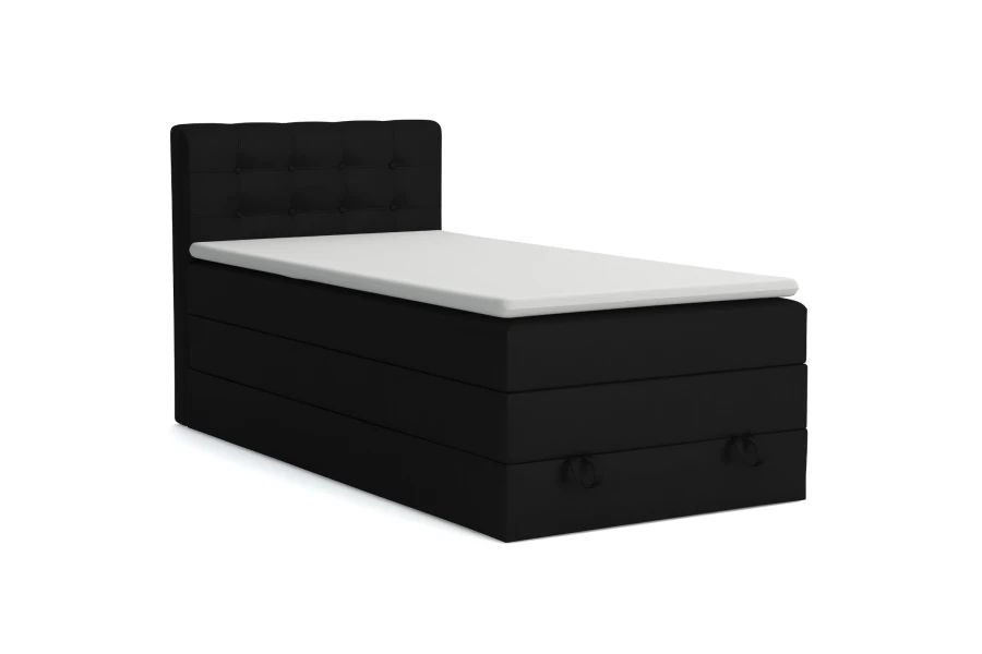 Schwarzes Boxspringbett mit gestepptem Kopfteil und integriertem Bettkasten auf weißem Hintergrund.