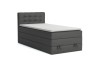 Graues Boxspringbett in Anthrazit mit weißem Topper und stilvollem Kopfteil.