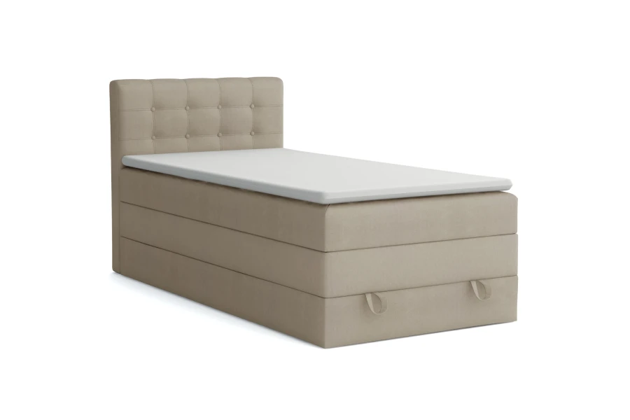 Beige Boxspringbett 90x200 mit gepolstertem Kopfteil und Topper vor weißem Hintergrund