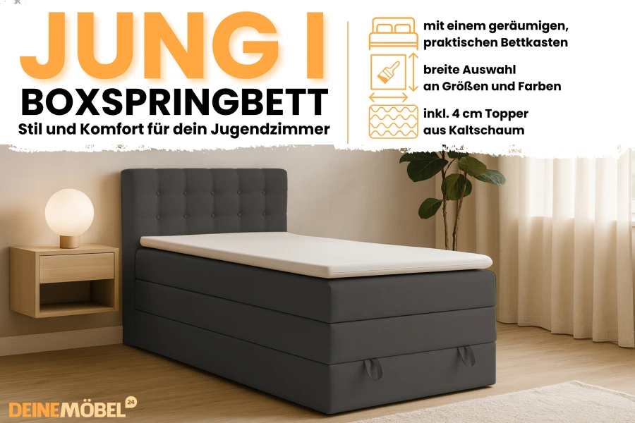 Boxspringbett JUNG I fürs Jugendzimmer mit Bettkasten, Kaltschaum-Topper und verschiedenen Größen.