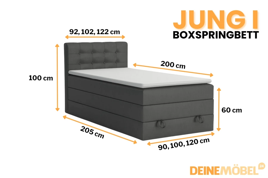 Boxspringbett Jung I Maße: Anthrazitfarbenes Einzelbett mit Kopfteil und Bettkasten.