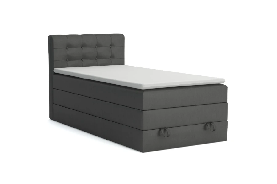 Graues Einzel-Boxspringbett Jung I mit gestepptem Kopfteil vor weißem Hintergrund.
