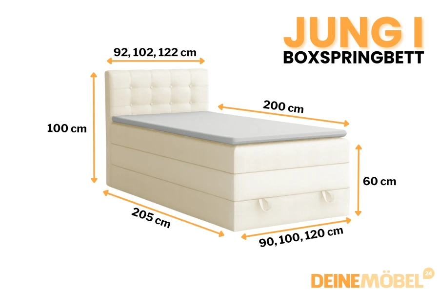 Detaillierte Maße und Größenübersicht für das JUNG I Boxspringbett.